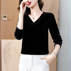 代発2025春の新型ファッションには、ベルベット長袖tシャツの洋風が痩せているvネック上着がある