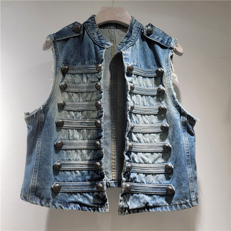 Diseño de estilo de corte estilo de moda suelto delgado de metal de construcción pesada sin mangas de collar chaqueta de mujer
