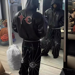 THUG CLUBアメリカ重工刺繍明線ジーンズ男性潮牌ゆるい直筒朴宰範同タイプズボン