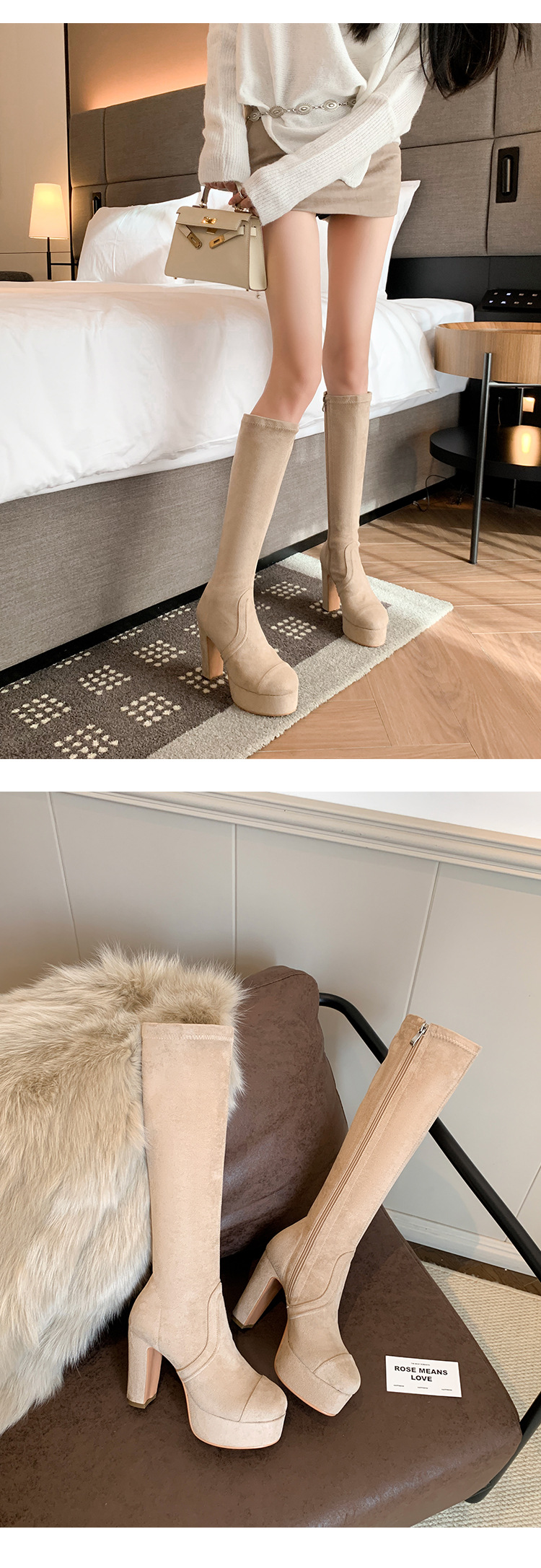 Boot nữ cổ cao ôm bắp chân gót 11cm đế platform mũi tròn — Quả mơ ống nhỏ đơn li, Lớp lót nhung lớn màu đen, Lớp lót nhung ống nhỏ màu mơ, Ống nhỏ màu đen đơn li chi tiết 7