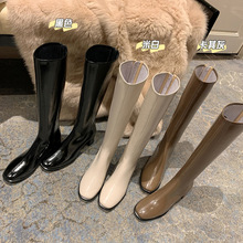 瘦腿神器~2025秋新款4.5cm跟韩版全皮高筒靴真皮加绒后拉链骑士靴