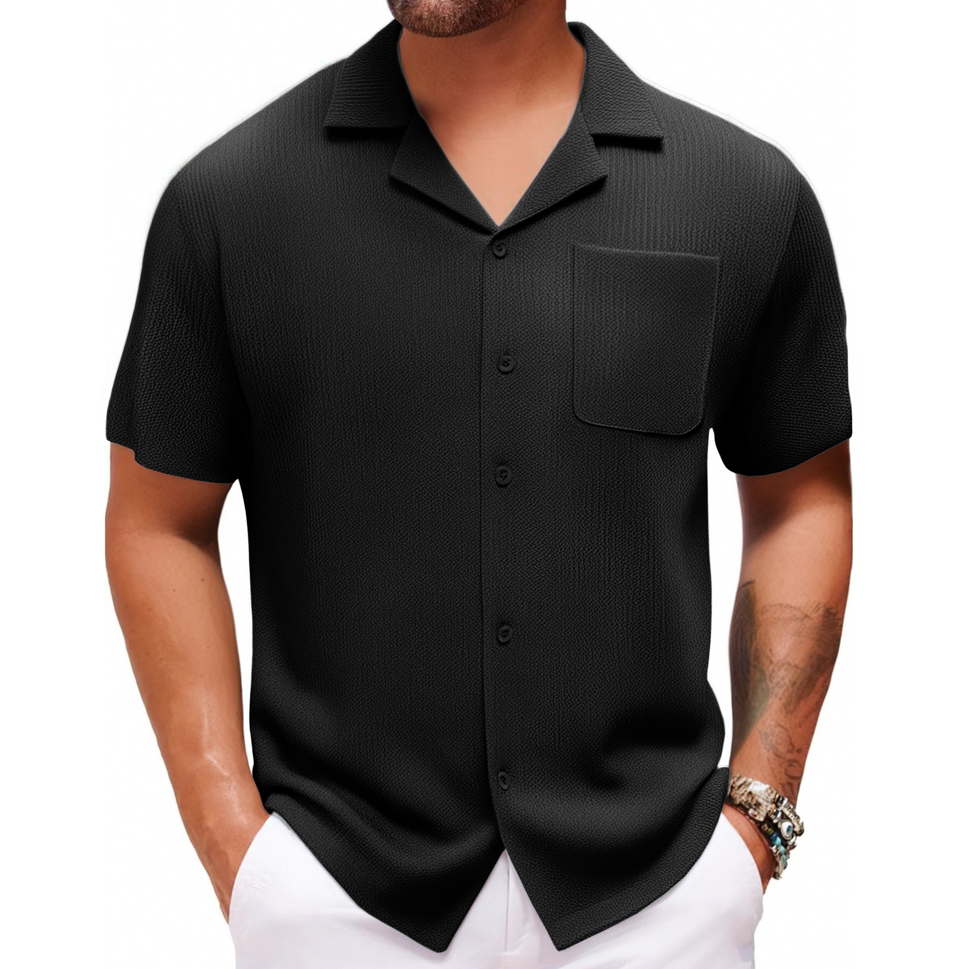 Cross-border foreign trade men's summer new Cuban collar short sleeve shirt holiday style solid color men's shirt A0305