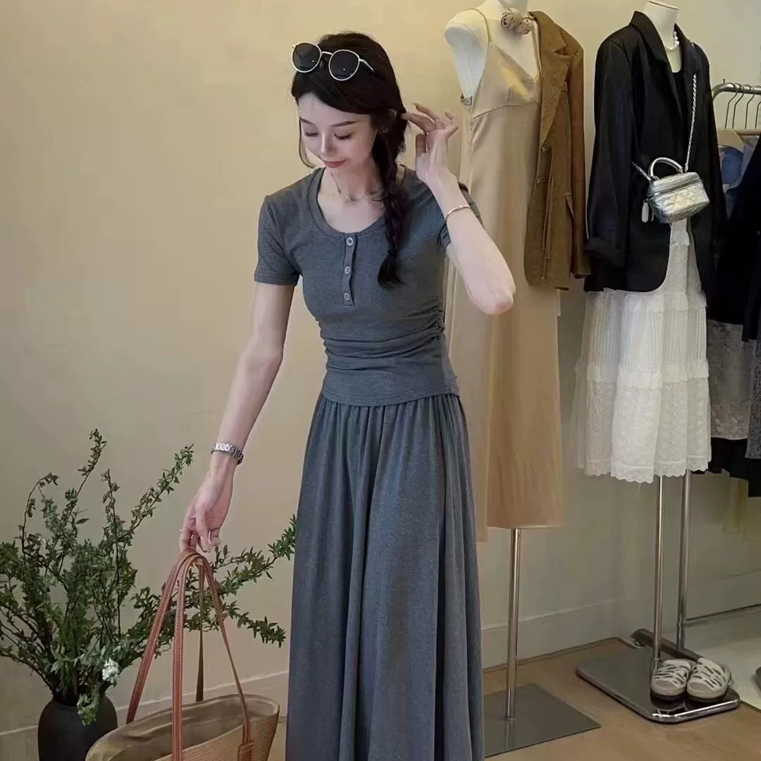 Дизайнерская нишевая футболка с короткими рукавами, женская летняя тонкая верхняя половина юбки, длинная юбка, костюм из двух предметов