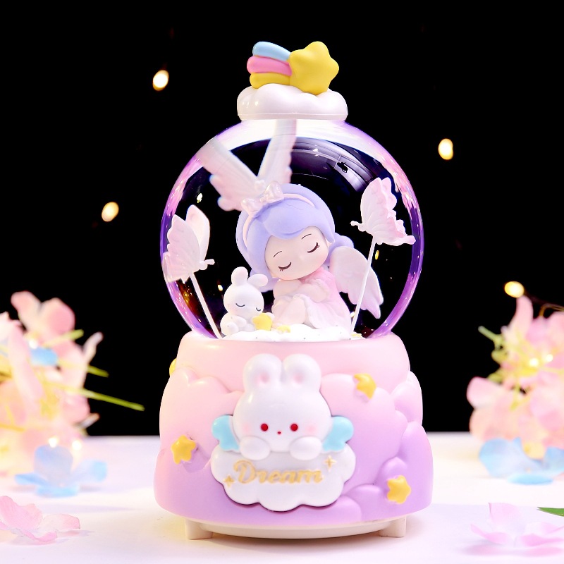 Caja de música de bola de cristal de Kapibala ingenua y linda, adornos de escritorio luminosos, nieve que cae, regalo de cumpleaños para estudiantes y niños