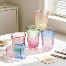 复古浮雕玻璃杯渐变粉色创意水杯家用果汁牛奶杯女伴手礼水杯批发