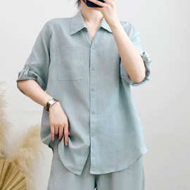 2026夏季新款亚麻小衫女文艺简约翻领衬衫开衫百搭纯色上衣