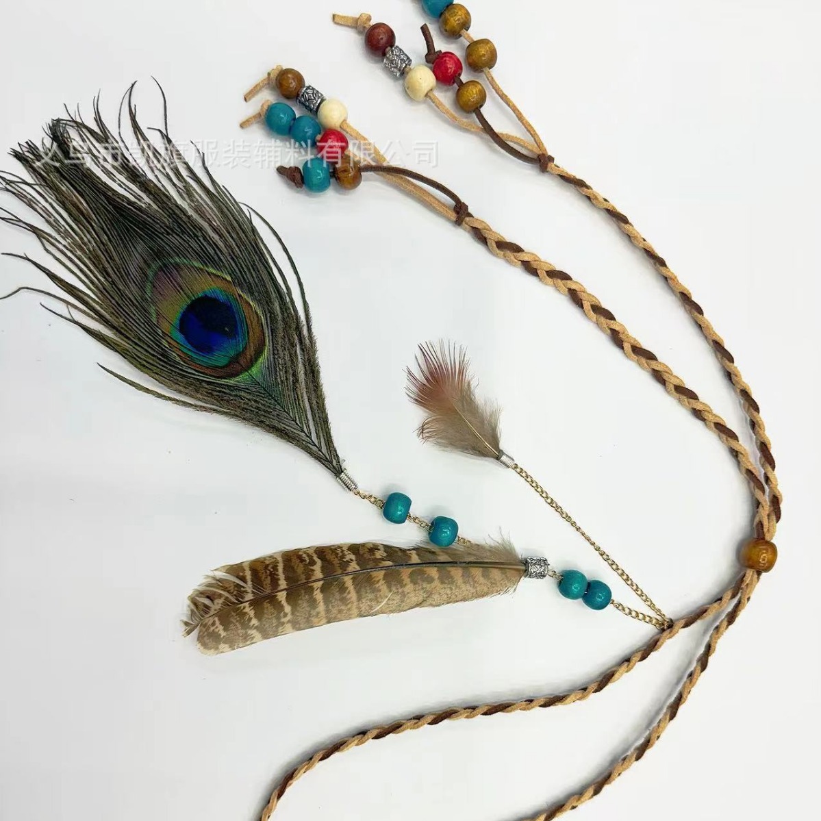 Indio cuentas de colores pluma de pavo real cuerda colgante accesorios para el cabello estilo étnico fotografía de viaje tocado estilo bohemio banda para el cabello