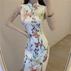 Nightclub sexy stand collar turnbuckle low cut butterfly print cheongsam skirt hip skirt vest dress