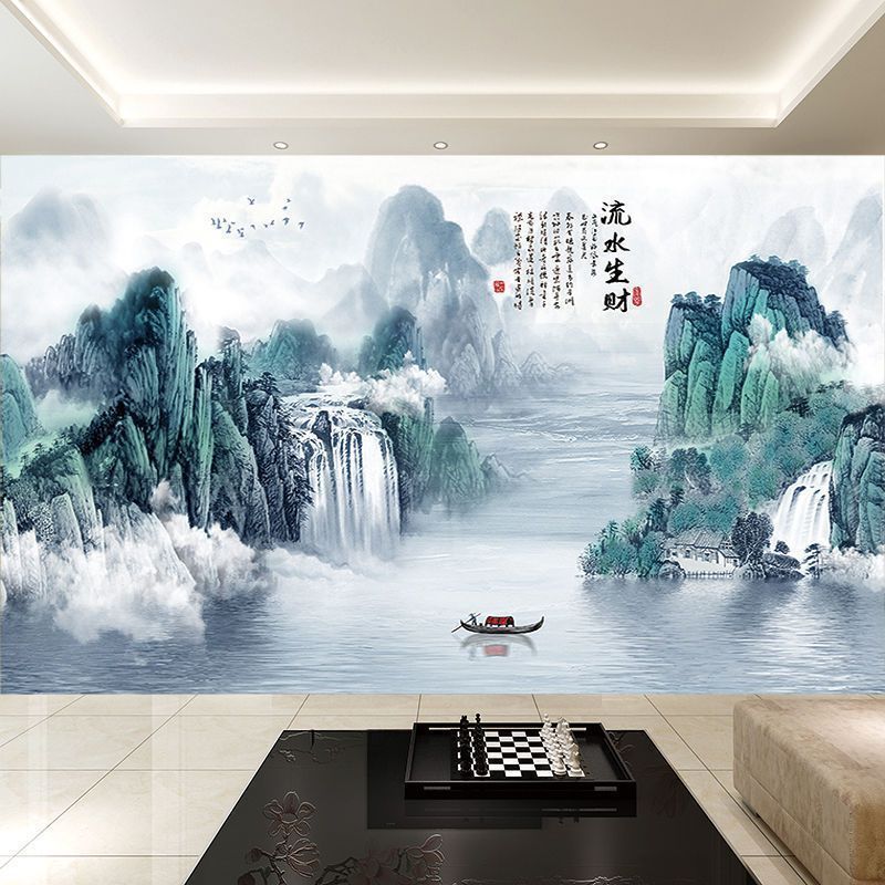 3D新中式自粘山水风景画墙贴画电视沙发背景墙中国风客厅装饰壁画