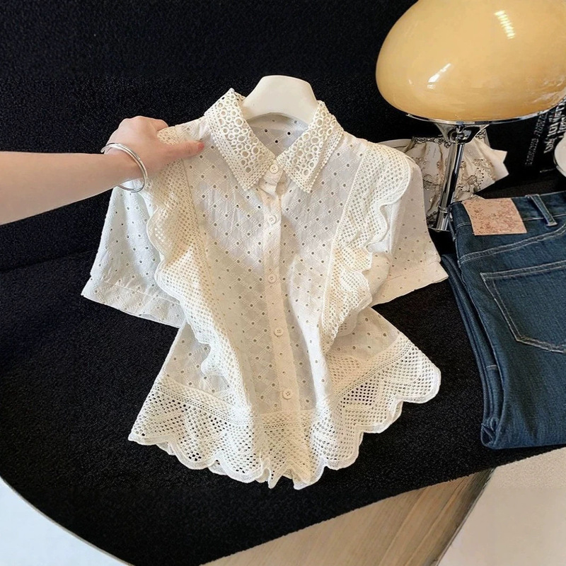 French-Style Lace Hollow-Out Short-Sleeve Shirt for Women, Summer 2026 New Model, High-End, Stylish, Age-Reducing Blouse Top