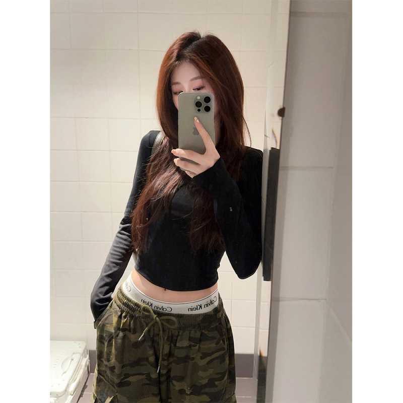 实拍实价~ 辣妹街舞爵士拽酷迷彩拖地长裤+基础长袖T恤上衣套装|undefined