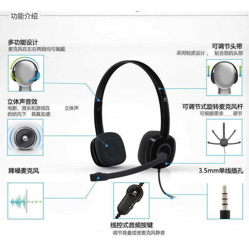 Logitech/罗技 H150 H151 проводные наушники 3.5 мм для ноутбука и компьютера, с регулируемым головным ободом