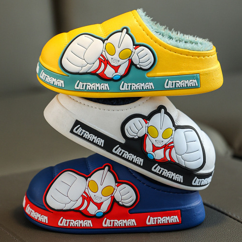 Ultraman winter children's cotton slippers for boys and girls, large, medium and small children's bags, warm and waterproof plus velvet baby cotton shoes