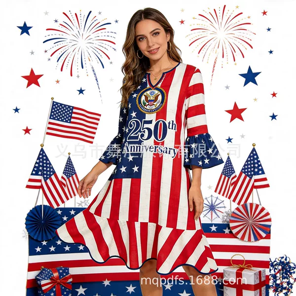 Cross-Border New Product: American 250Th Anniversary Commemorative Women's Dress Commemorative Clothing