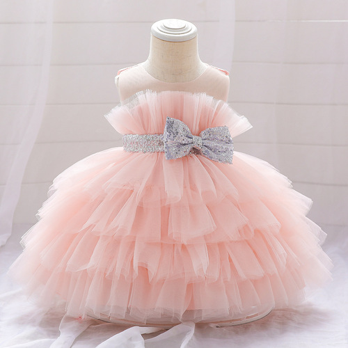  New European and American Girls' Formal Dress with Cute Bow Ties, Net Fabric, Puffed Skirt Summer Baby Girls' Formal Dress