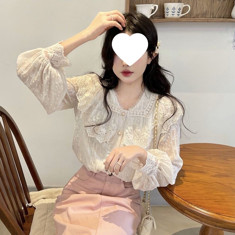 Lace Top for Women, Ruffled Shirt, French Sweet Style, Women's White Shirt, Heavy Embroidery, Lace Long-Sleeve Shirt