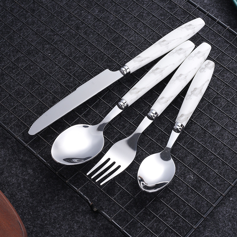 Amazon Cross-Border Stainless Steel Tableware 24-Piece Set Marble Pattern Knife, Fork and Spoon Set Imitation Ceramic Handle Wholesale Ins
