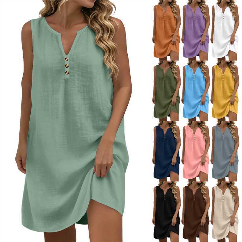 Women's Summer Cotton-Linen Imitation Sleeveless Tank Dress Long Dress (with Adjustable Buckle)