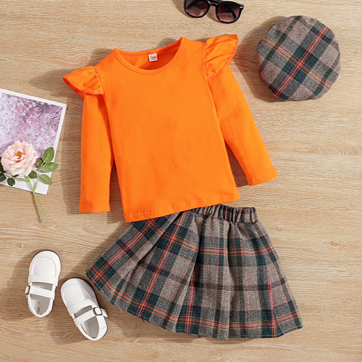 Vestito autunnale da bambina con cappuccio, gonna corta a pieghe a quadri, con cappello, set da 3 pezzi_voghion.com