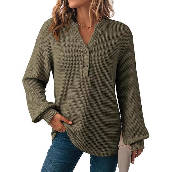 Women's Waffle Knit Top 2025 Dress Casual Button Shirt Long Sleeve V-Neck Shirt Basic T-Shirt