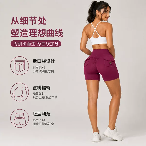 Cross-Border European and American Fitness Sports Cargo Shorts for Women, High-Waisted, Tight-Fitting, Butt-Lifting, Pocketed, Three-Point Shorts, Naked-Feel Yoga Shorts