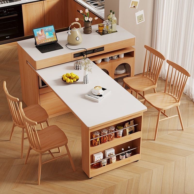 He Wooden House Solid Wood Island Table Retractable Dining Table Integrated Household Log Cream Style Slate Rotating Multi-Functional Bar Table