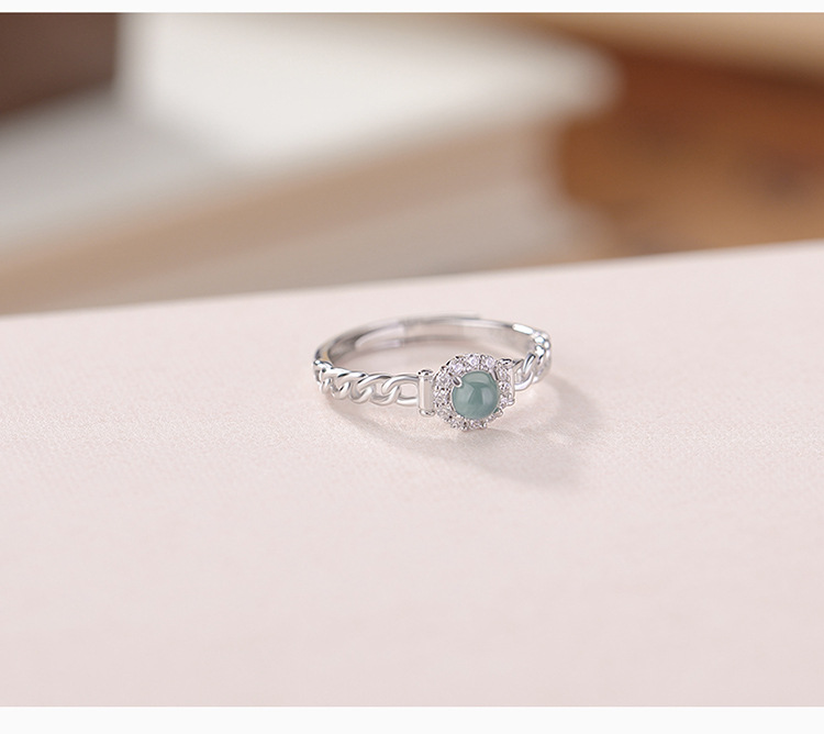 Nhẫn bạc S925 mạ vàng đính ngọc bích nước xanh hạt tròn xoắn phong cách instagram — Kiểu màu bạc chi tiết 4