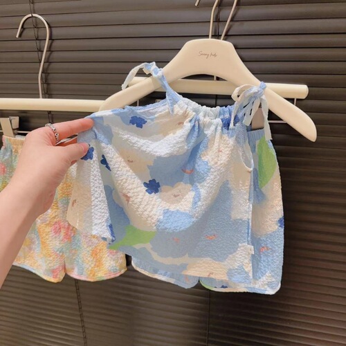 Summer New Style Dyeing Oil Painting Style Strap Set Girls Fashionable Floral Lace Vest Skirt Pants Internet Famous Baby Two Pieces