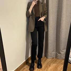 黑色九分直筒牛仔裤女春季新款高腰小个子大码显瘦百搭弹力烟管裤