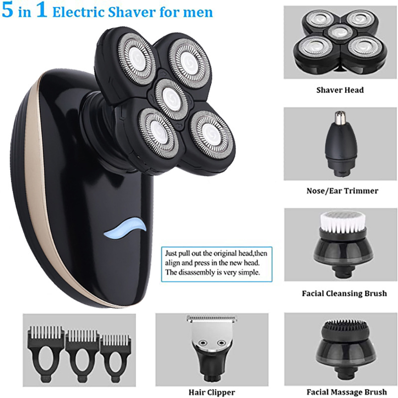 Barbeador masculino com cinco lâminas, lavável, para cabeças raspadas, recarregável via USB._voghion.com