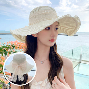 Sun Hat Women's Summer Beach Hat New Lace Hollow Braided Hat Travel Sun Protection Hat Seaside Sun Hat