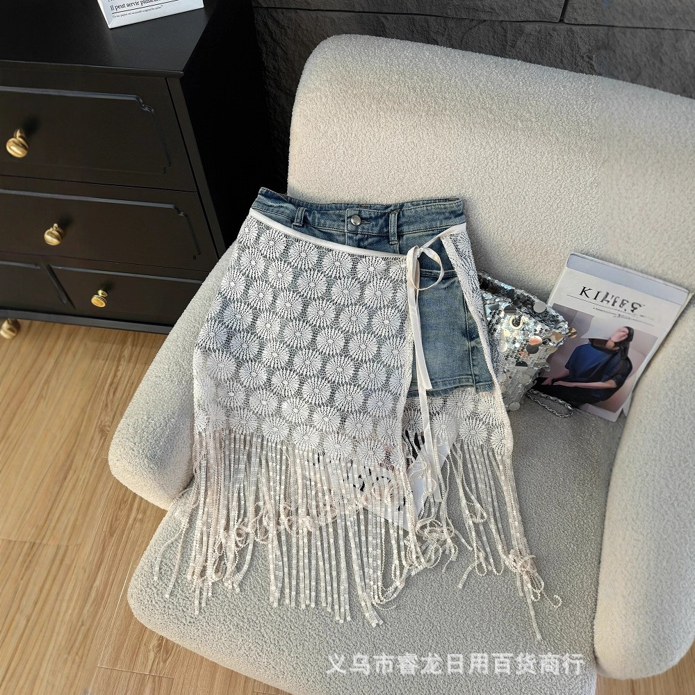 White Lace Skirt Korean Ins Style Tie-Up Half Skirt Romantic Niche Large Hem Spicy Girl 2025 New Lace Floral Design