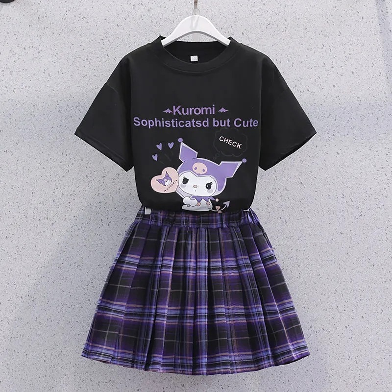 子供服の女の子の夏服の学院の新型の子供の洋風の中で大きい子供のスーツのスカートの夏の半袖のtシャツの2つのセット|undefined