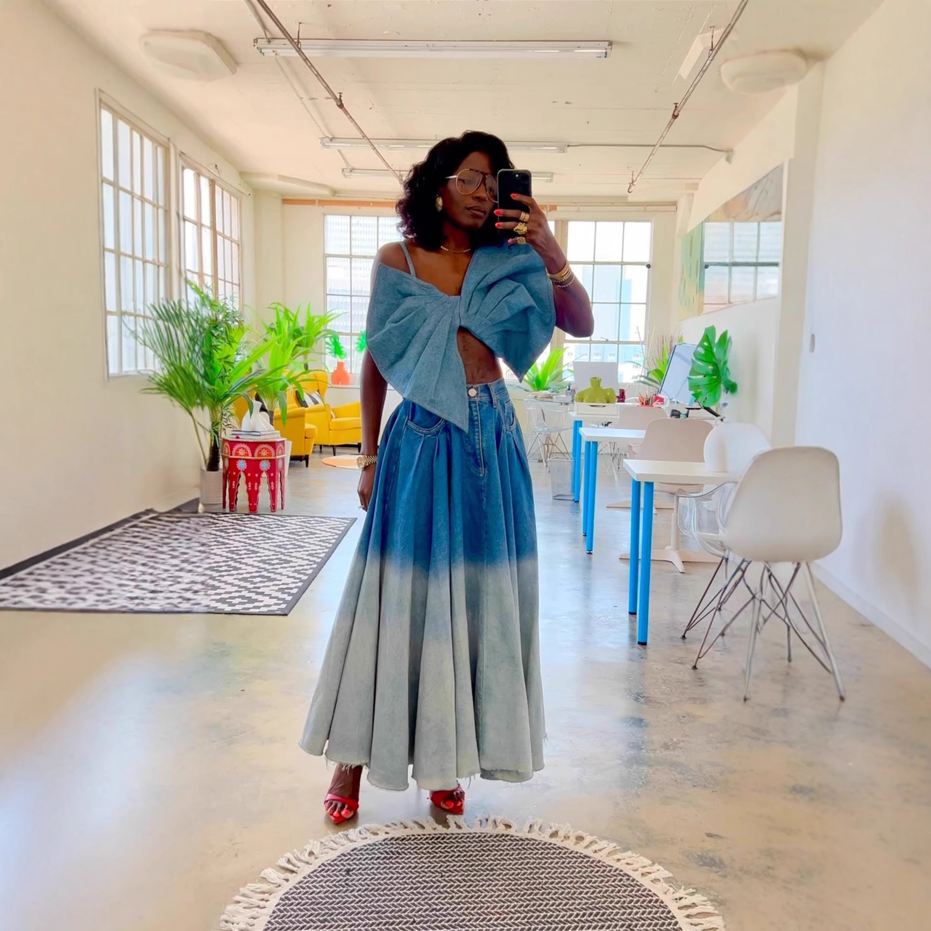 Women's Clothing Women's High Waist Midi Skirt Denim Washed Solid Color Style Drawstring Gradient Long Fashion Skirt_voghion.com