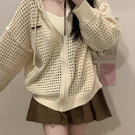 秋冬韩版镂空连帽毛衣开衫女宽松ins慵懒风纯色百搭针织衫外套