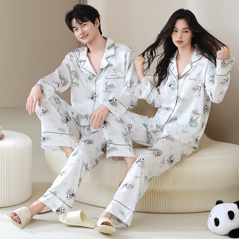 Luhao Ice Silk Couple Pajamas Spring and Autumn High-End Valentine's Day Gift Embroidery Gift Box for Girlfriend Home Clothes Set