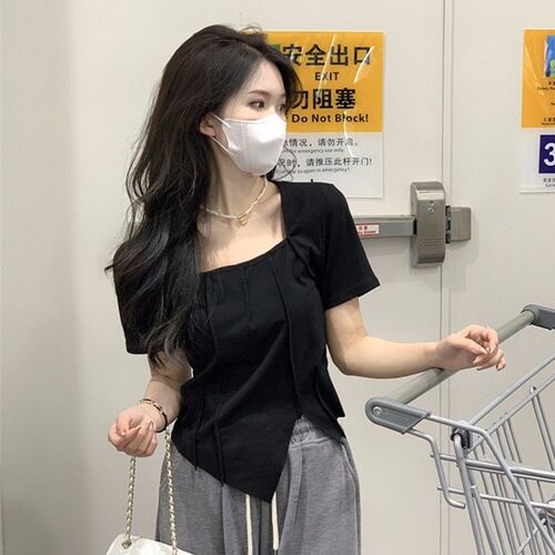 Pure Desire Square Collar Short Sleeve T-Shirt for Women - Summer Fitted Stylish Unique Sweet and Spicy Cute Shoulder Short Length Pleated Top