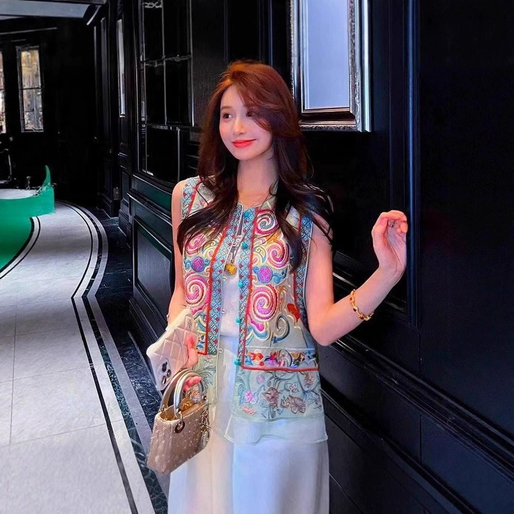 Новый высококачественный жилет в китайском стиле с тяжелой вышивкой для женщин, жилет в стиле ретро в стиле дзен, летний тонкий внешний кардиган