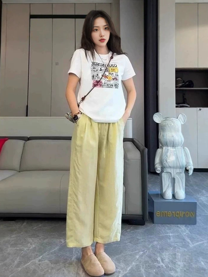 Quần culottes nữ ống rộng vải lyocell linen mùa hè dáng suông ống đứng — Xanh da trời chín phân