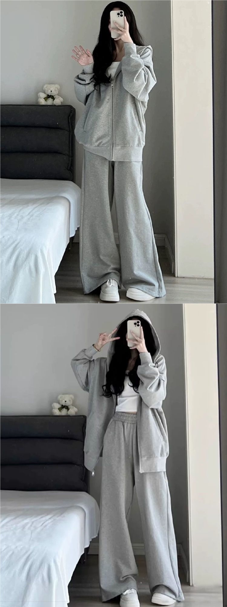 ActiveGo Casual Sports Suit Women, New Loose Hooded Gray Sweatshirt Wide-Leg Pants Two-Piece Set With Cardigan Jacket For Autumn_desvips.com
