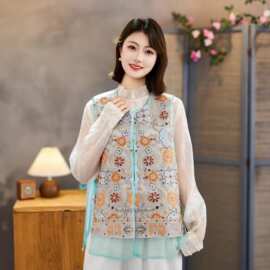 时尚欧根纱拼接刺绣马夹女夏季民族风服饰圆领珠扣马甲女小背心