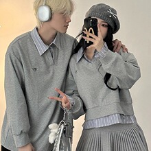 灰色假两件卫衣春秋情侣装新款设计感拼接衬衫POLO领套头短款上衣