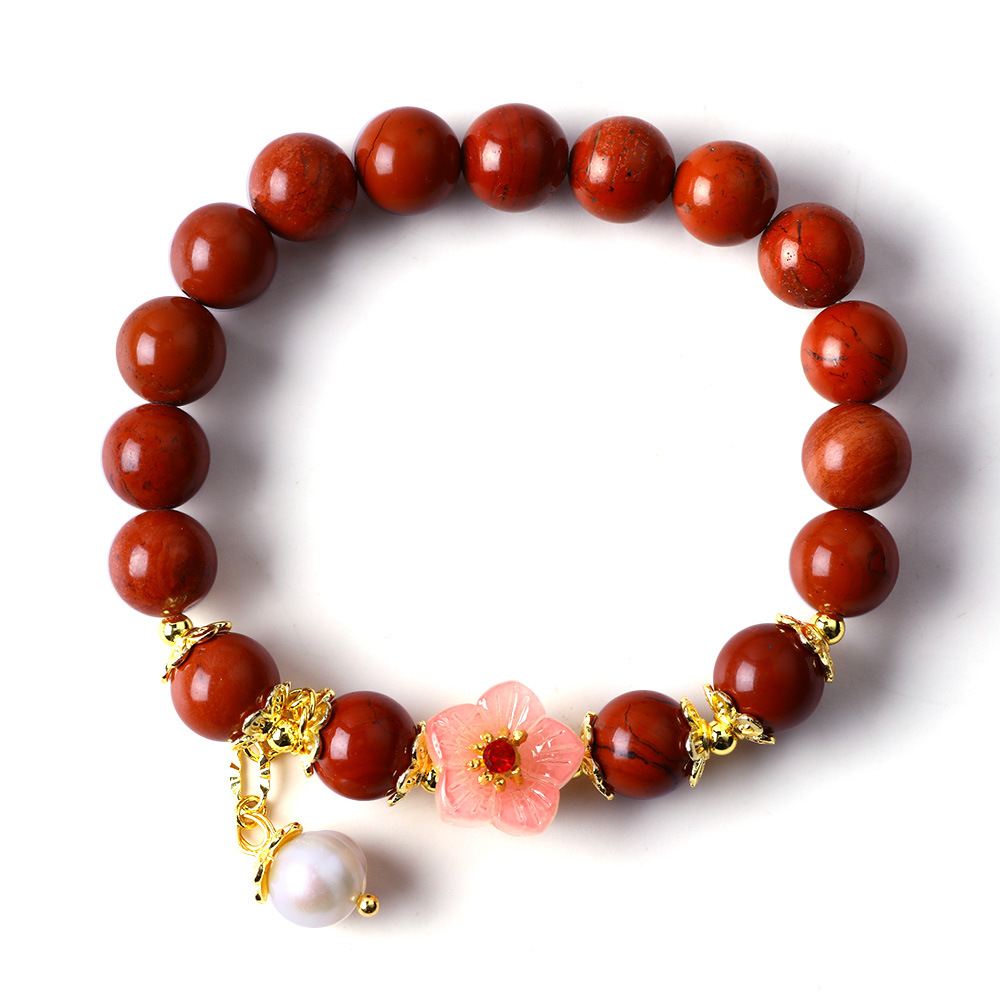 Pulsera de jade rojo natural de 8 mm de anillo único flor de melocotón imitación de perla pulsera de bordilla de estilo chino viento rojo auspicioso buena suerte