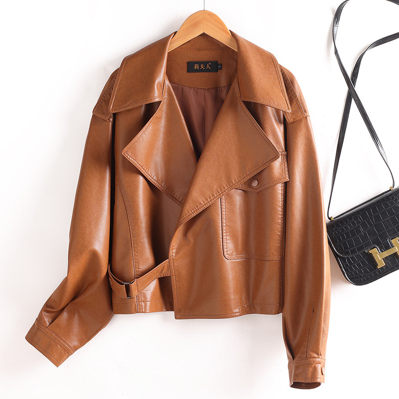 Celebrity Style Sheepskin Jacket Women's Short Spring & Fall Korean Style Motorcycle High-Waisted Loose Genuine Leather Jacket Trendy Top