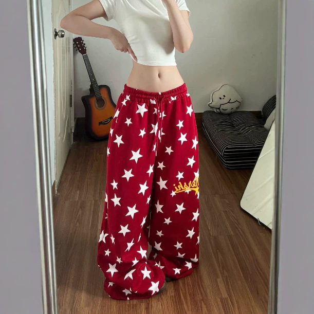 American retro star-printed sweatpants for women, hip-hop wide-leg, trendy, loose-fitting, casual, versatile long pants American retro star-printed sweatpants for women, hip-hop wide-leg, trendy, loose-fitting, casual, versatile long pants