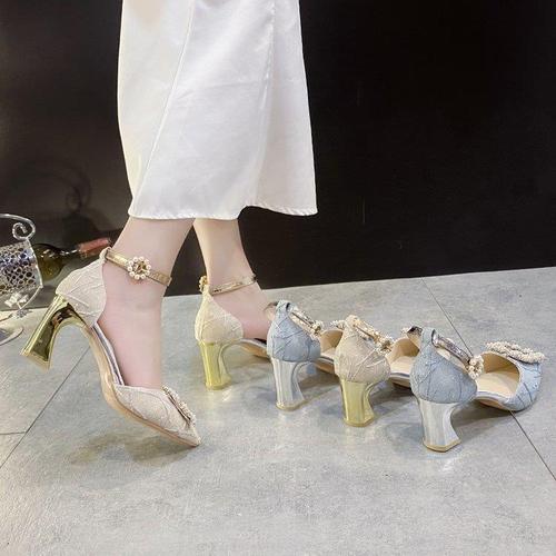 Stylish Women's Spring and Autumn Season Heels  New Arrival, Cute and Elegant with a Hat, Thick Heel, Pearl Detail, Fashionable Chanel Style Sandals