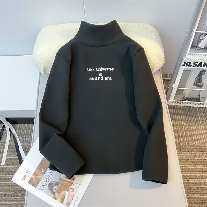 여성용 가을 겨울 벨벳 두꺼운 터틀넥 셔츠, 슬림핏, 다용도 자수 긴팔 따뜻한 올인원 벨벳 티셔츠 탑