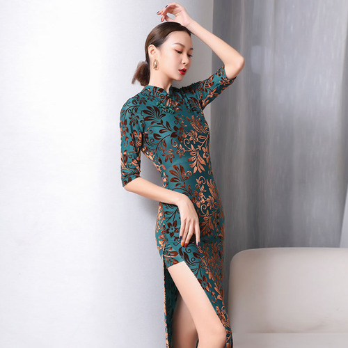Modern dance classical dance performance practice clothes cheongsam style neutral collar five-quarter sleeves sexy high slit dance clothes