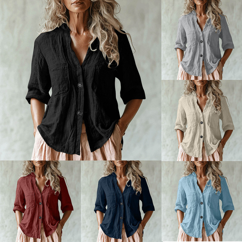 Summer New European and American Cross-border Women's Solid Color Multi-pocket Linen Shirt Seven-point Sleeve Casual Loose Shirt