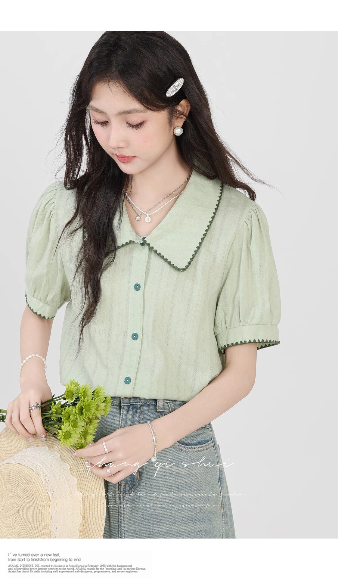 Áo sơ mi nữ cotton ngắn tay cổ búp bê xanh nhạt phong cách mới mùa hè — Màu xanh lục nhạt chi tiết 10